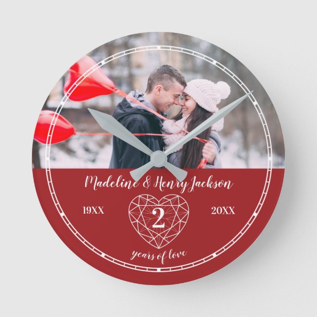 Garnet 2nd Wedding Anniversary outline heart red Round Clock (Front)
