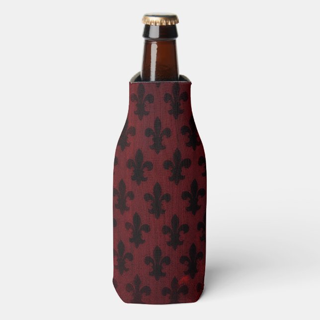 Garnet and black royal fleur de lis pattern bottle cooler (Bottle Front)