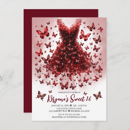 Garnet Dark Red Butterfly Dress January Birthstone Invitation