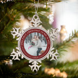 Garnet | First Married Christmas Photo Snowflake Pewter Christmas Ornament<br><div class="desc">A perfect gift for newlyweds, this elegant snowflake shaped Christmas ornament features a favorite photo encircled by a festive garnet red border. "Our first Christmas as Mr. & Mrs." curves over the top of your photo in ivory lettering, with the year beneath. Customize with a wedding photo to create a...</div>