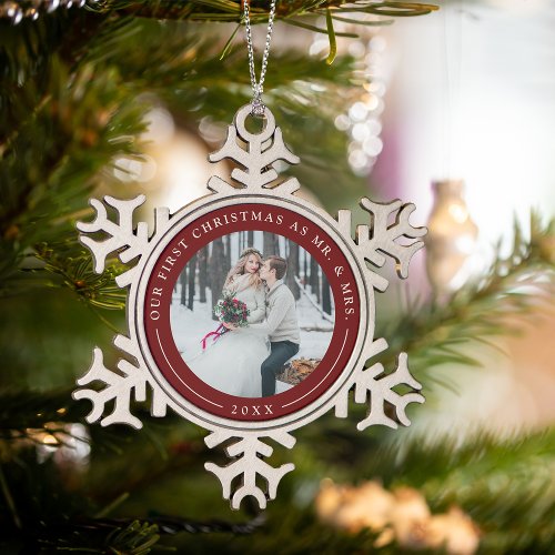 Garnet  First Married Christmas Photo Snowflake Pewter Christmas Ornament