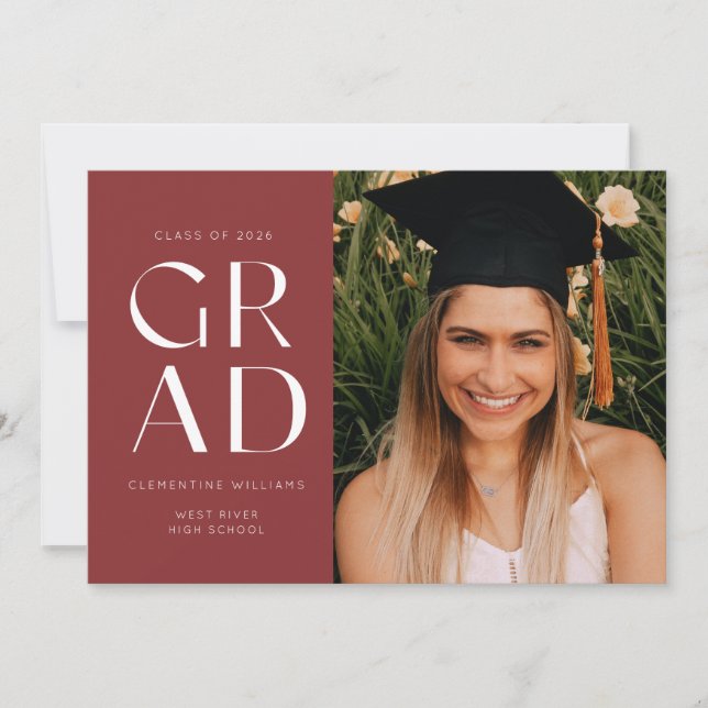 Garnet Grad Block Modern Photo Graduation Invitation (Front)