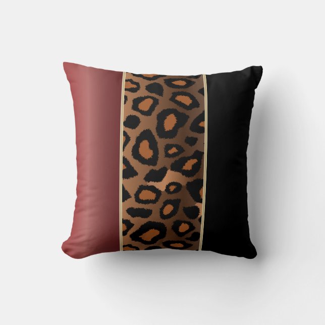 Garnet Red and Black Leopard Animal Pattern Throw Pillow (Front)