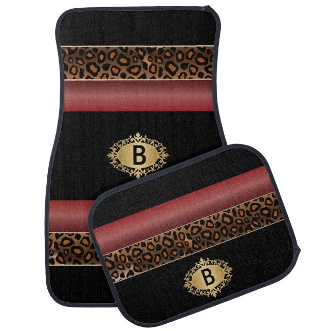 Garnet Red and Jaguar Animal Print | Monogram Car Mat (Set)