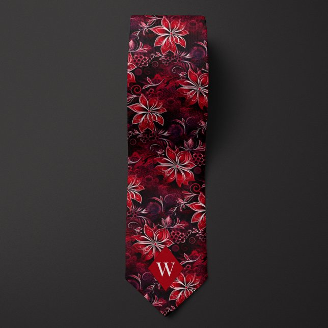 Garnet Red Floral Monogram Neck Tie (Creator Uploaded)