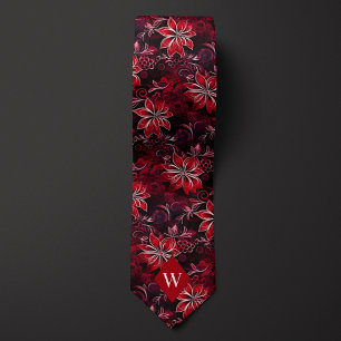 Garnet Red Floral Monogram Neck Tie