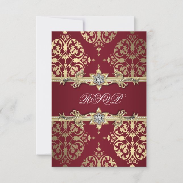 Garnet Ruby Red Gold Black Damask Party Invitation (Front)