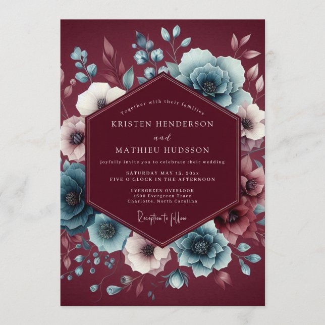 Garnet Slate Moody Bloom Wedding Invitation (Front)