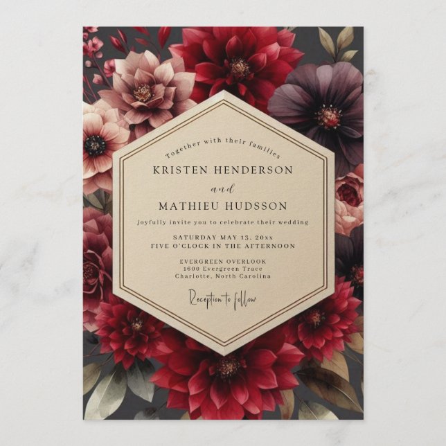 Garnet Sumptuous Dahlia Wedding Invitation (Front)