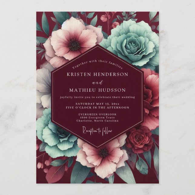 Garnet Teal Moody Bloom Wedding Invitation (Front)