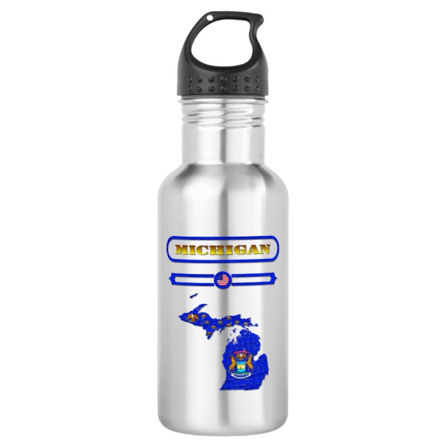 GARRAFA MICHIGAN, MAP OF MICHIGAN, USA. SAMER BRAS STAINLESS STEEL WATER BOTTLE (Front)