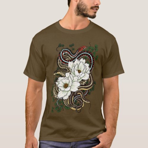 Garter Snakes with White Peonies T_Shirt