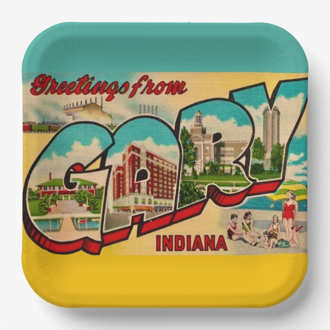 Gary Indiana Greeting Postcard Paper Plates (Front)
