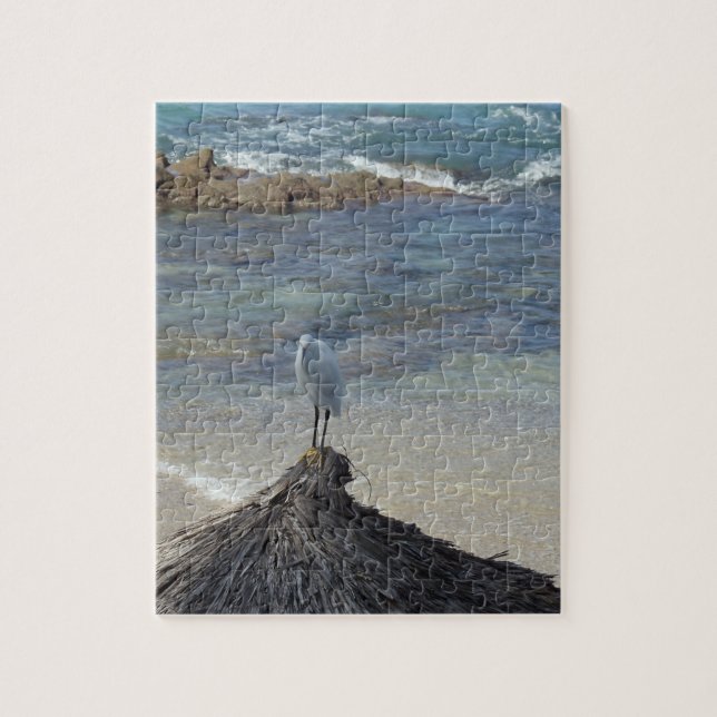 Garza Blanca at ocean sitting on a hut. Jigsaw Puzzle (Vertical)