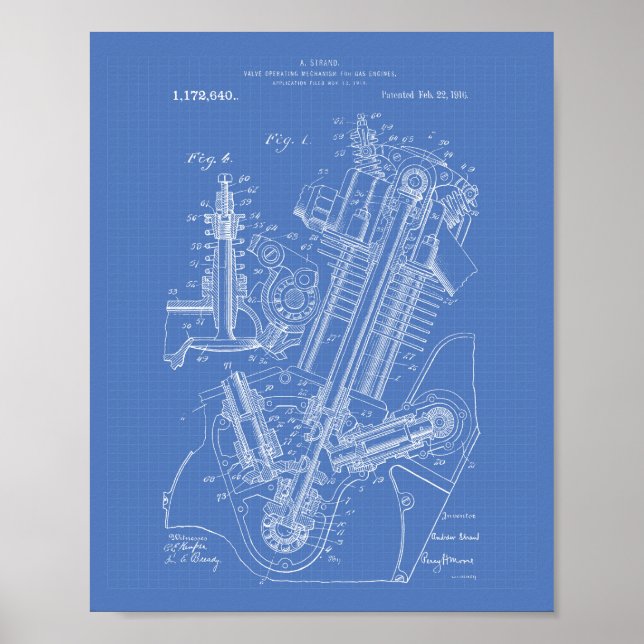 Gas Engine Valve 1916 Patent Art Blueprint Poster (Front)