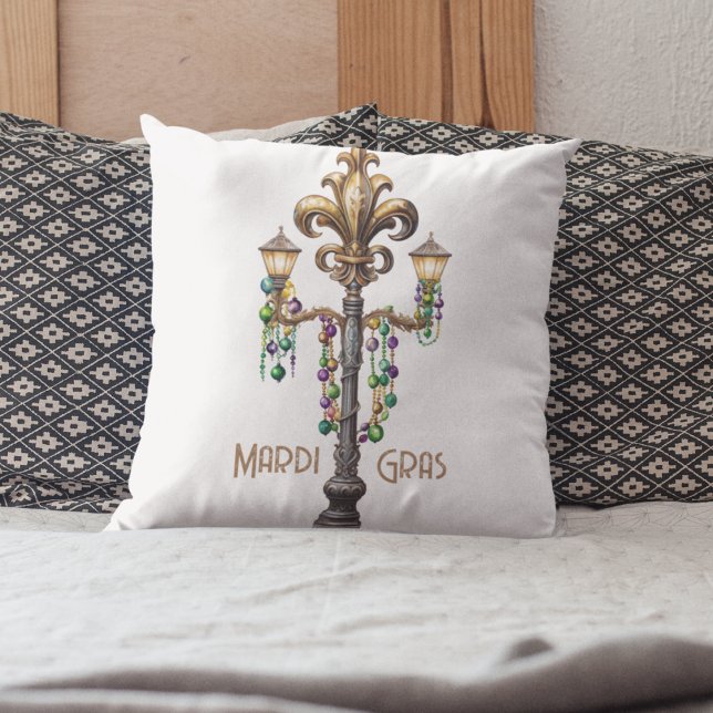 Gas Lamp and Beads Mardi Gras Party  Throw Pillow (Mardi Gras beads and a Fleur De Lis Throw pillow for your Carnivale decor and festivities. )