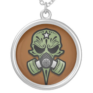 Gas Mask Sugar Skull, Green Silver Plated Necklace