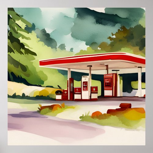 Gas station watercolor painting poster