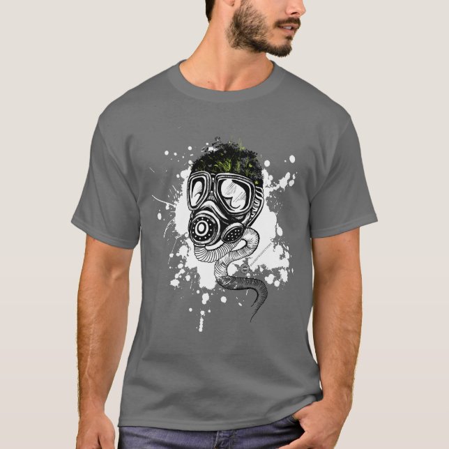 Gasmask & Nature on Gray T-Shirt (Front)
