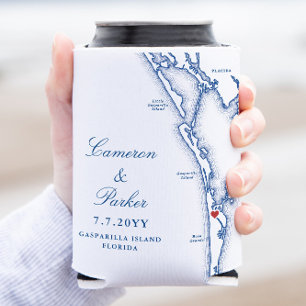 Gasparilla Island FL  Map Navy Blue Wedding Favor Can Cooler