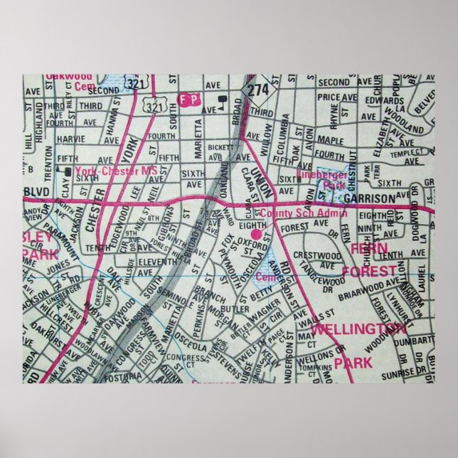 Gastonia, NC Vintage Map Poster (Front)