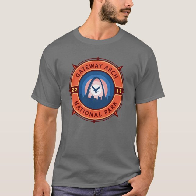 Gateway Arch National Park Retro Compass Emblem T-Shirt (Front)