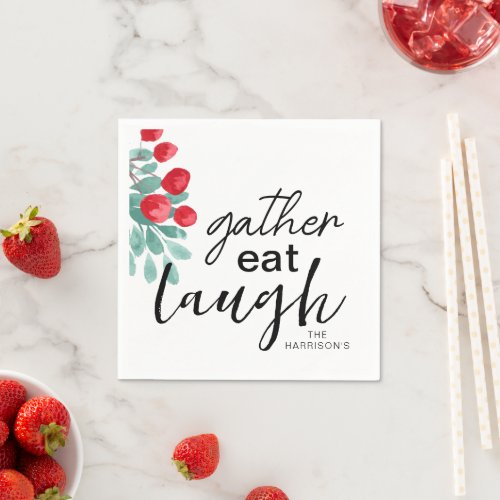 Gather Eat Laugh Berries Greenery Personalized Napkins