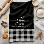 Gather Fall Black & White Buffalo Check Kitchen Towel<br><div class="desc">Add a touch of warmth and charm to your kitchen with this Gather Fall Black & White Buffalo Check Kitchen Towel. Featuring a classic buffalo plaid pattern with the word "gather" and a customizable family name, this kitchen towel is perfect for creating a cozy and inviting feel for your home...</div>