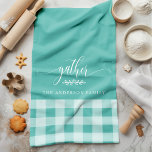 Gather Fall Teal & White Buffalo Check Kitchen Towel<br><div class="desc">Add a touch of warmth and charm to your kitchen with this Gather Fall Teal & White Buffalo Check Kitchen Towel. Featuring a classic buffalo plaid pattern with the word "gather" and a customizable family name, this kitchen towel is perfect for creating a cozy and inviting feel for your home...</div>