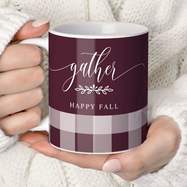 Gather Happy Fall Burgundy & White Buffalo Check Coffee Mug (Creator Uploaded)