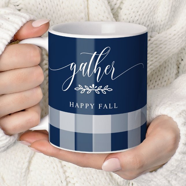 Gather Happy Fall Navy & White Buffalo Check Coffee Mug (Creator Uploaded)