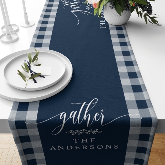 Gather Navy Blue Buffalo Check Fall Thanksgiving Short Table Runner (Creator Uploaded)