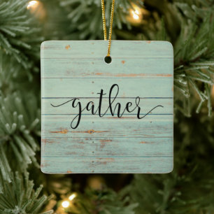 Gather Script Wood Sage Green Vintage Ceramic Ornament