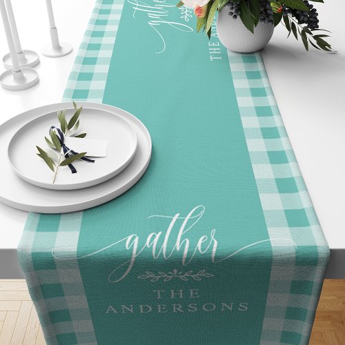 Gather Teal Buffalo Check Fall Thanksgiving Short Table Runner