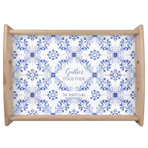 Gather Together Blue and White Farmhouse Wood Name Serving Tray