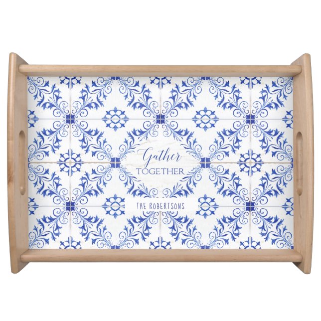 Gather Together Blue and White Farmhouse Wood Name Serving Tray (Front)