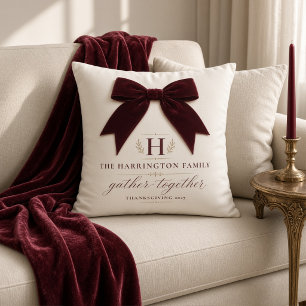 Gather Together Burgundy Velvet Bow Personalized Throw Pillow