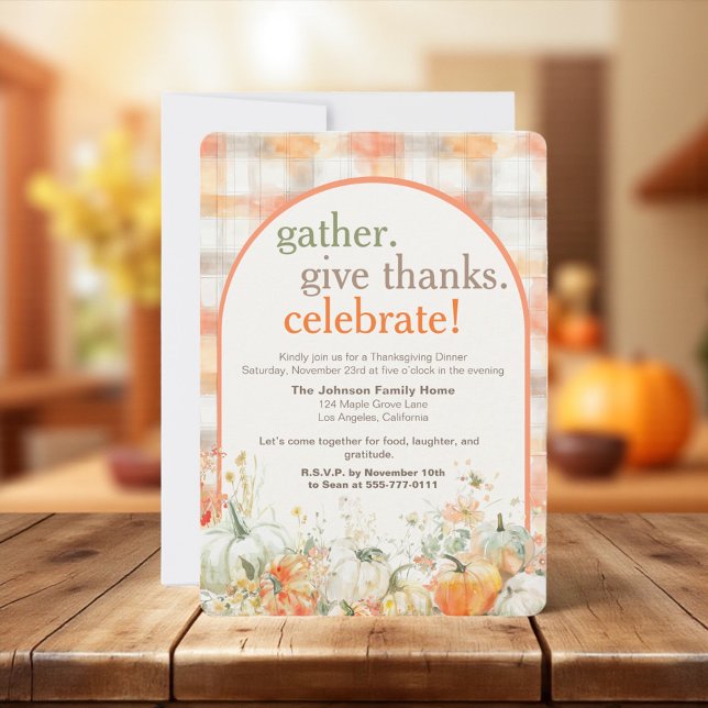 Gather Together Gingham Thanksgiving Invitation (Gather Give Thanks Celebrate arch Thanksgiving invitation card with gingham pattern”)