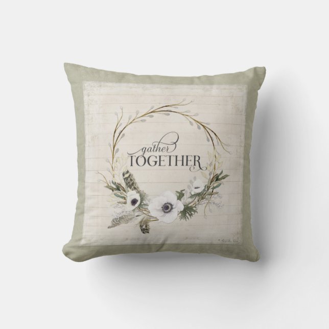 Gather Together Typography Farmhouse Watercolor Throw Pillow (Front)