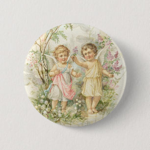 Gather - Two Angels Gathering Flowers Button