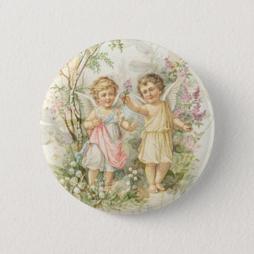 Gather _ Two Angels Gathering Flowers Button