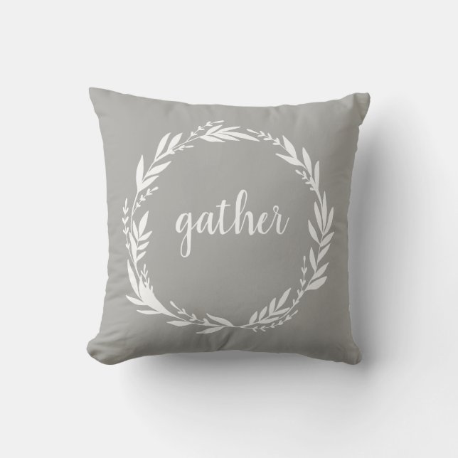 Gather Welcome Wreath Gray Throw Pillow (Front)