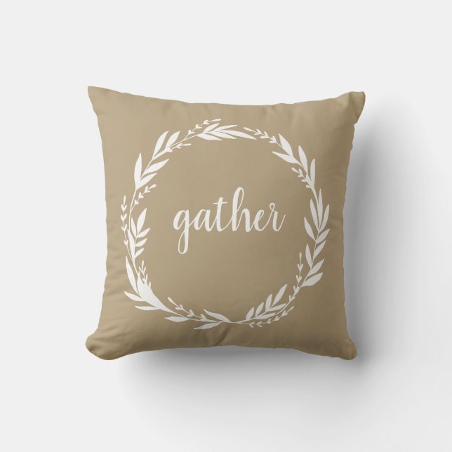 Gather Welcome Wreath Tan Throw Pillow (Front)