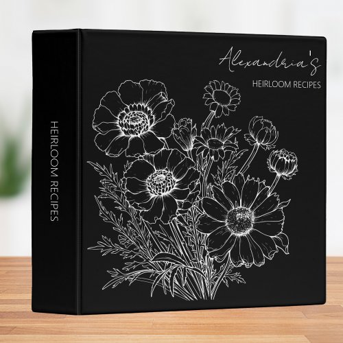 Gathered Wildflower Illustration Monogram Recipe  3 Ring Binder