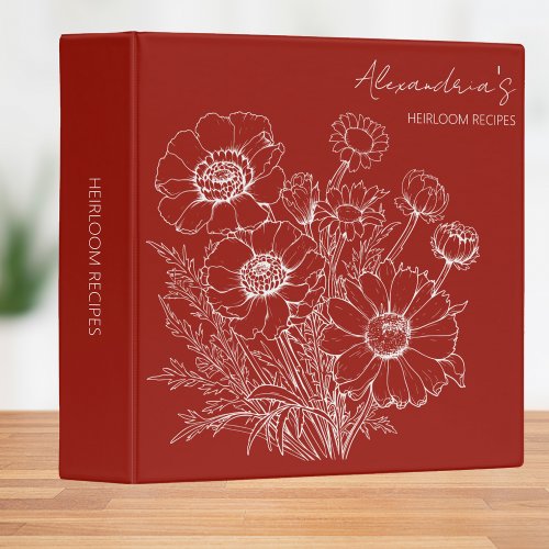 Gathered Wildflower Illustration Monogram Recipe  3 Ring Binder