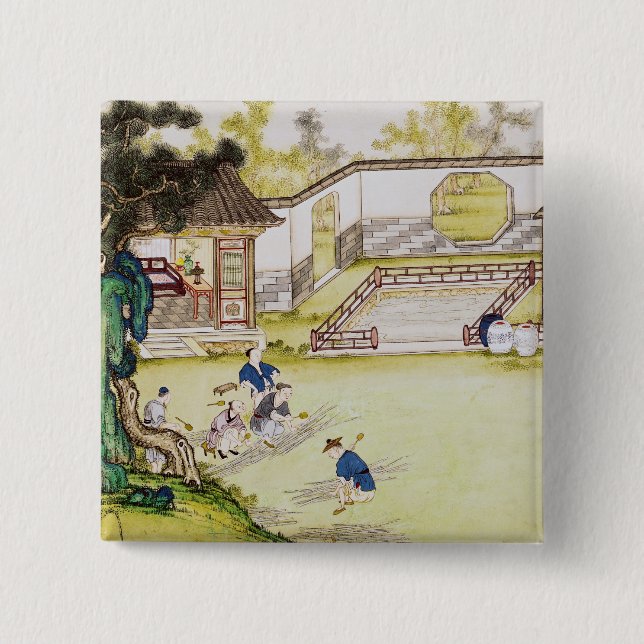 Gathering bamboo to make paper pinback button (Front)