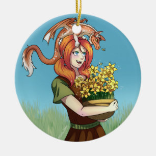 Gathering Flowers with a Dragon Ceramic Ornament