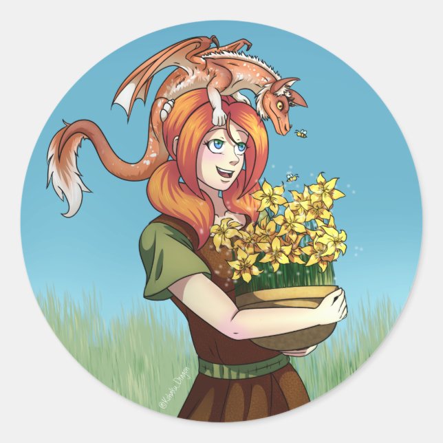 Gathering Flowers with a Dragon Classic Round Sticker (Front)