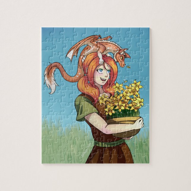 Gathering Flowers with a Dragon Jigsaw Puzzle (Vertical)