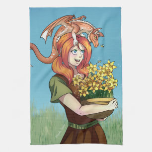 Gathering Flowers with a Dragon Kitchen Towel